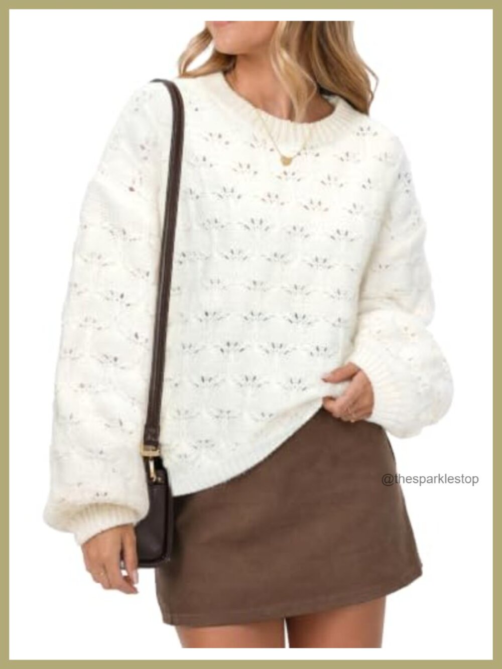 Cropped Crewneck Pullover Sweater Lantern Sleeve Openwork Knit Women